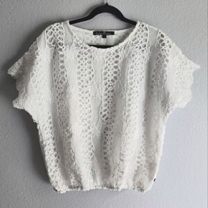 KAMISETA White Lace Lined Blouse Short Sleeves And Elastic Hem Size Large